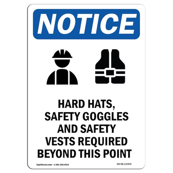 OSHA Sign, Hard Hats Safety With Symbol, 5in X 3.5in Decal, 10PK, 3.5" W, 5" H, Portrait, PK10